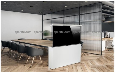 37" 75" Arası Elektrikli TV Lift Asansörlü, Otomatik Kumandalı Ayarlı Dolap Masa İçi Gömme Lift 950 mm 